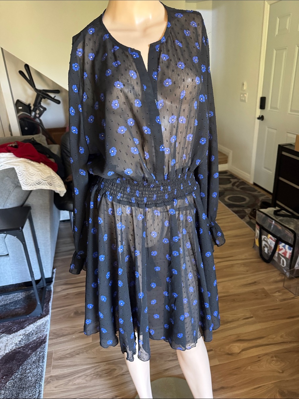 Black Floral Long-Sleeve Smocked Waist Dress - Blue Floral P 13